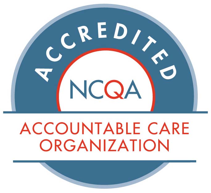 National Committee for Quality Assurance (NCQA) badge with text reading, NCQA accredited, accountable care organization.
